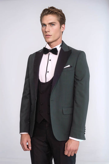 Men's Forest Green Micro-Dot 3-Piece Slim Fit Tuxedo with Velvet Lapel