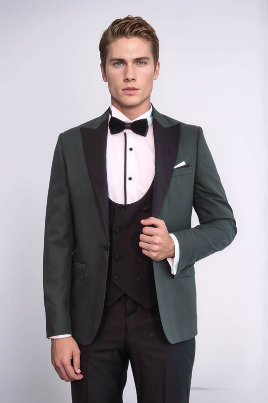 Men's Forest Green Micro-Dot 3-Piece Slim Fit Tuxedo with Velvet Lapel