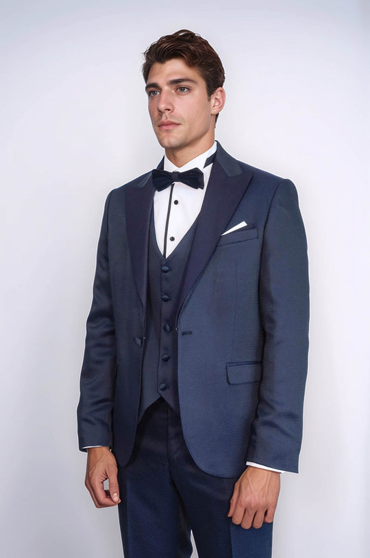 Men's Midnight Navy Micro-Geometric 3-Piece Slim Fit Tuxedo