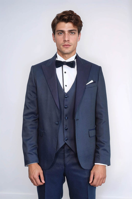 Men's Midnight Navy Micro-Geometric 3-Piece Slim Fit Tuxedo