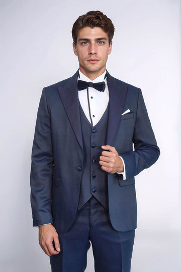Men's Midnight Navy Micro-Geometric 3-Piece Slim Fit Tuxedo