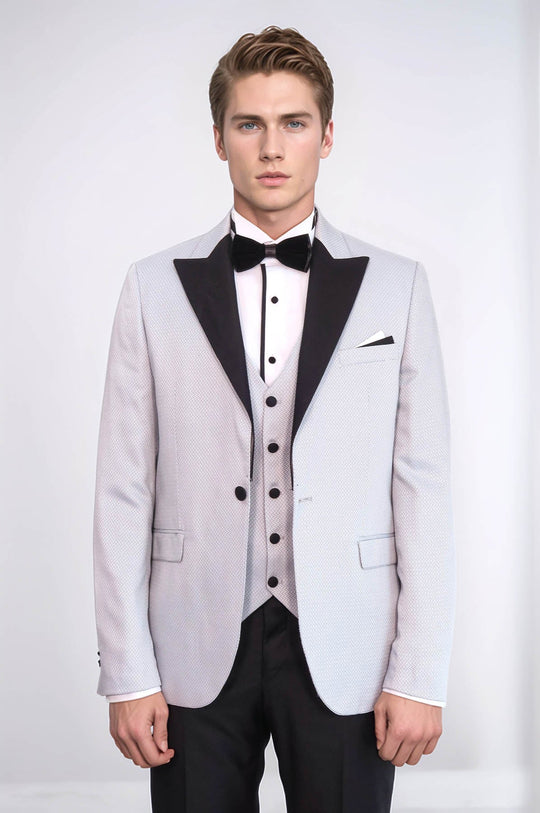 Men's Silver-Grey Micro-Patterned 3-Piece Slim Fit Tuxedo with Detachable Lapel