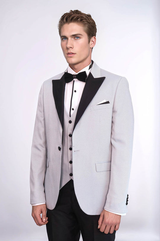 Men's Silver-Grey Micro-Patterned 3-Piece Slim Fit Tuxedo with Detachable Lapel
