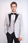 Men's Silver-Grey Micro-Patterned 3-Piece Slim Fit Tuxedo with Detachable Lapel