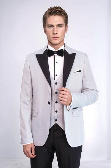 Men's Silver-Grey Micro-Patterned 3-Piece Slim Fit Tuxedo with Detachable Lapel