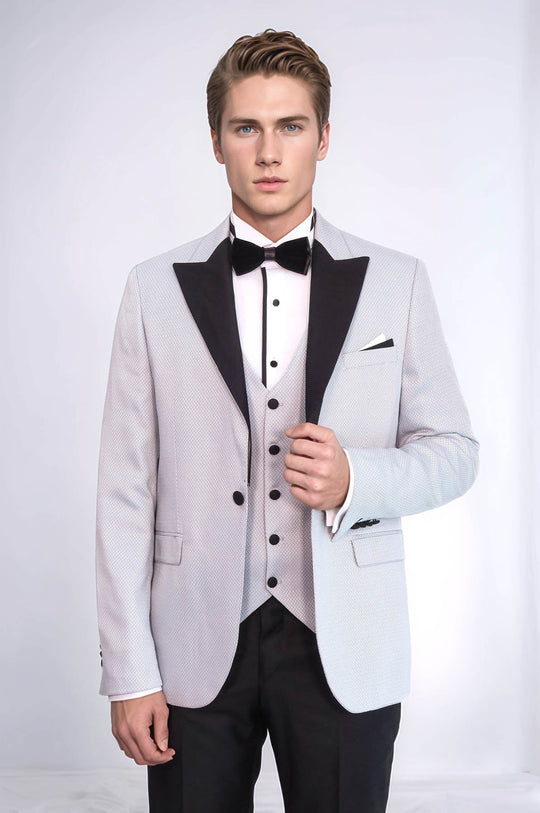 Men's Silver-Grey Micro-Patterned 3-Piece Slim Fit Tuxedo with Detachable Lapel