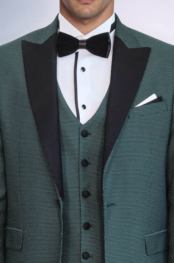 Men's Jade Green Micro-Patterned 3-Piece Slim Fit Tuxedo with Peak Lapel