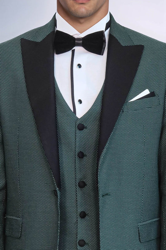 Men's Jade Green Micro-Patterned 3-Piece Slim Fit Tuxedo with Peak Lapel