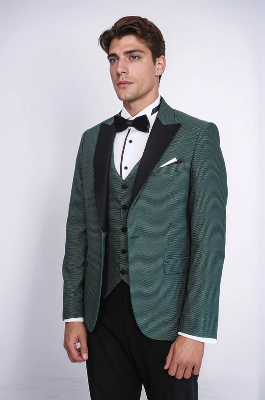 Men's Jade Green Micro-Patterned 3-Piece Slim Fit Tuxedo with Peak Lapel