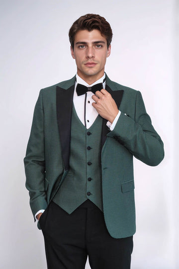 Men's Jade Green Micro-Patterned 3-Piece Slim Fit Tuxedo with Peak Lapel