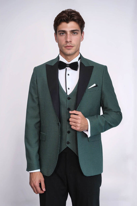 Men's Jade Green Micro-Patterned 3-Piece Slim Fit Tuxedo with Peak Lapel