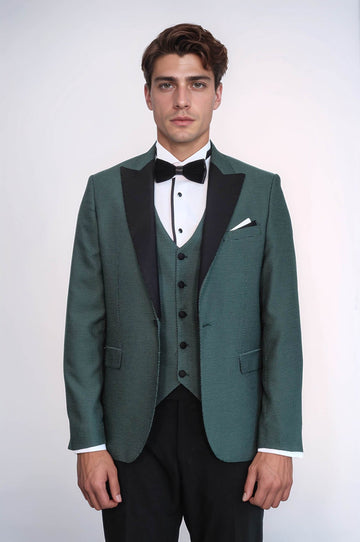 Men's Jade Green Micro-Patterned 3-Piece Slim Fit Tuxedo with Peak Lapel