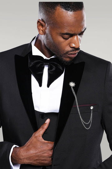 Men's Onyx Black Shawl Lapel 3-Piece Slim Fit Tuxedo with Chain Accessory