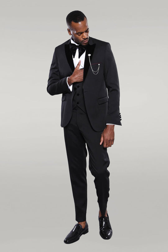 Men's Onyx Black Shawl Lapel 3-Piece Slim Fit Tuxedo with Chain Accessory