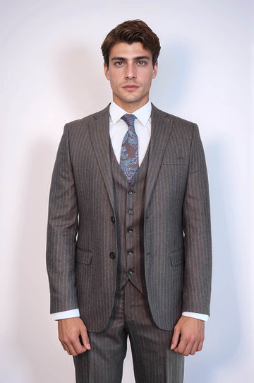 Men's Espresso Brown Pinstripe 3-Piece Slim Fit Suit