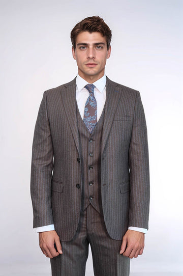 Men's Espresso Brown Pinstripe 3-Piece Slim Fit Suit