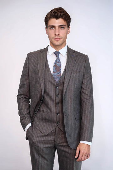 Men's Espresso Brown Pinstripe 3-Piece Slim Fit Suit