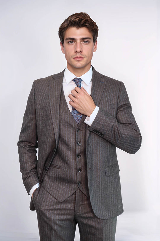 Men's Espresso Brown Pinstripe 3-Piece Slim Fit Suit
