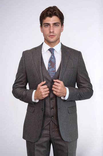 Men's Espresso Brown Pinstripe 3-Piece Slim Fit Suit