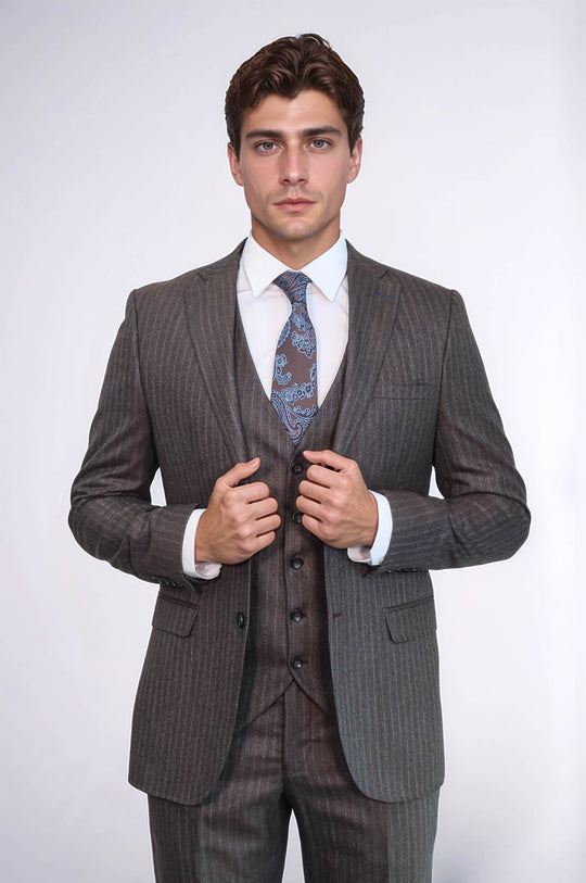 Men's Espresso Brown Pinstripe 3-Piece Slim Fit Suit