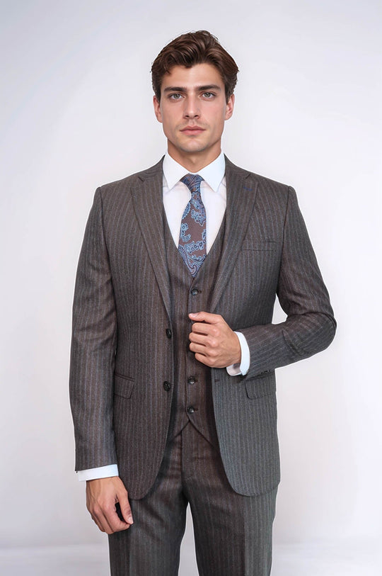 Men's Espresso Brown Pinstripe 3-Piece Slim Fit Suit