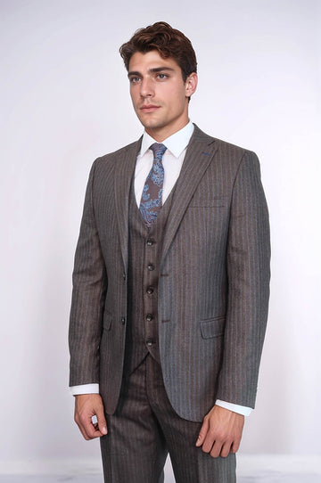 Men's Espresso Brown Pinstripe 3-Piece Slim Fit Suit
