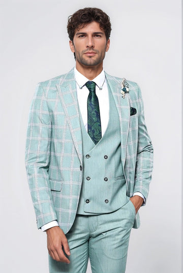 Men's Mint Green Windowpane Check 3-Piece Slim Fit Suit
