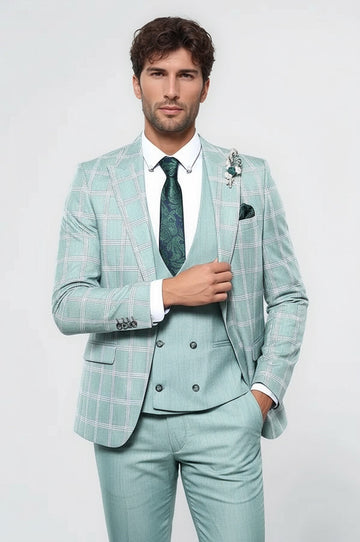 Men's Mint Green Windowpane Check 3-Piece Slim Fit Suit