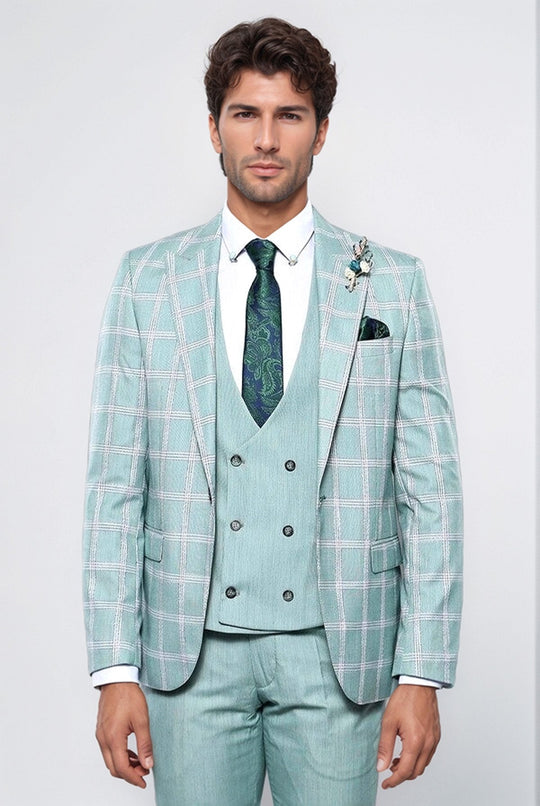Men's Mint Green Windowpane Check 3-Piece Slim Fit Suit