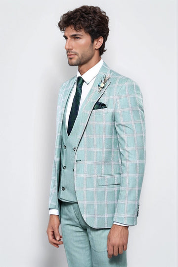 Men's Mint Green Windowpane Check 3-Piece Slim Fit Suit