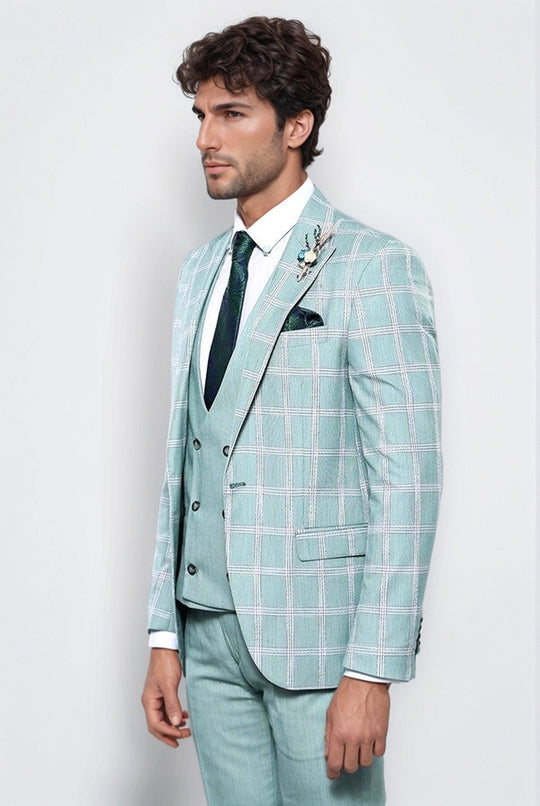 Men's Mint Green Windowpane Check 3-Piece Slim Fit Suit