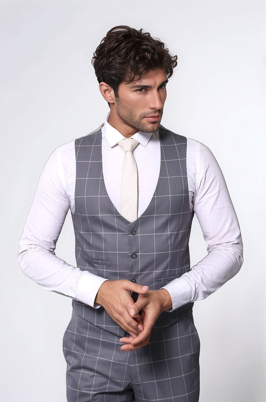 Men's Grey Windowpane Plaid 3-Piece Slim Fit Suit with Tailored Waistcoat