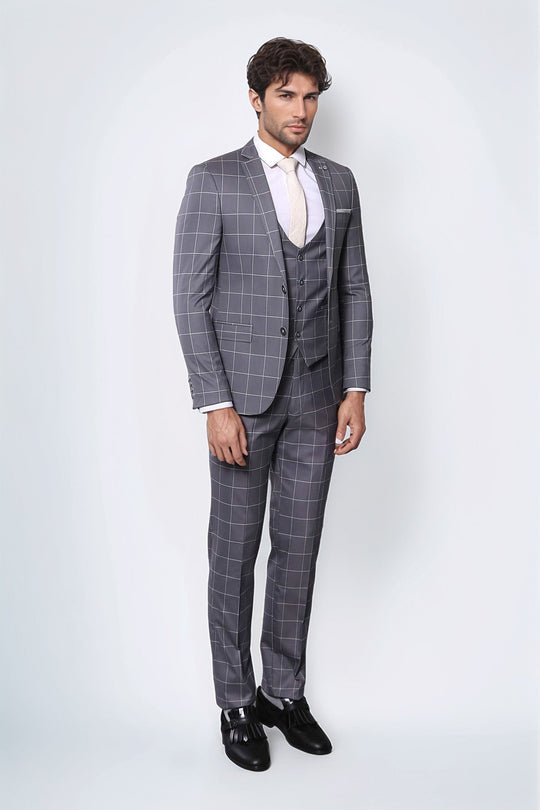 Men's Grey Windowpane Plaid 3-Piece Slim Fit Suit with Tailored Waistcoat