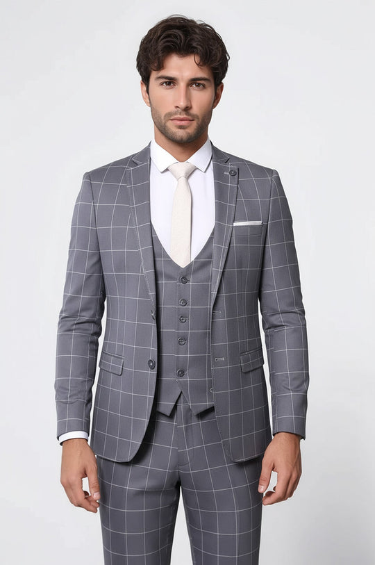 Men's Grey Windowpane Plaid 3-Piece Slim Fit Suit with Tailored Waistcoat