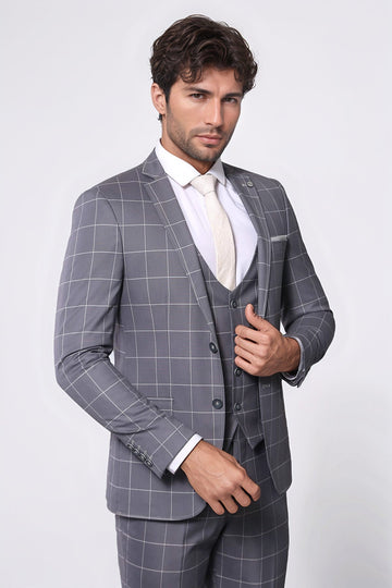 Men's Grey Windowpane Plaid 3-Piece Slim Fit Suit with Tailored Waistcoat