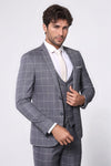 Men's Grey Windowpane Plaid 3-Piece Slim Fit Suit with Tailored Waistcoat