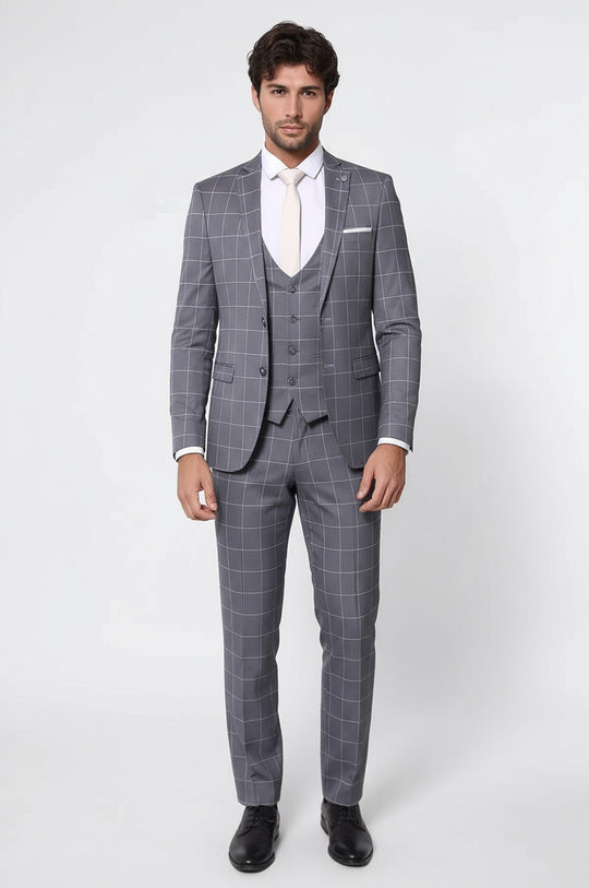 Men's Grey Windowpane Plaid 3-Piece Slim Fit Suit with Tailored Waistcoat
