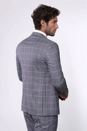 Men's Grey Windowpane Plaid 3-Piece Slim Fit Suit with Tailored Waistcoat