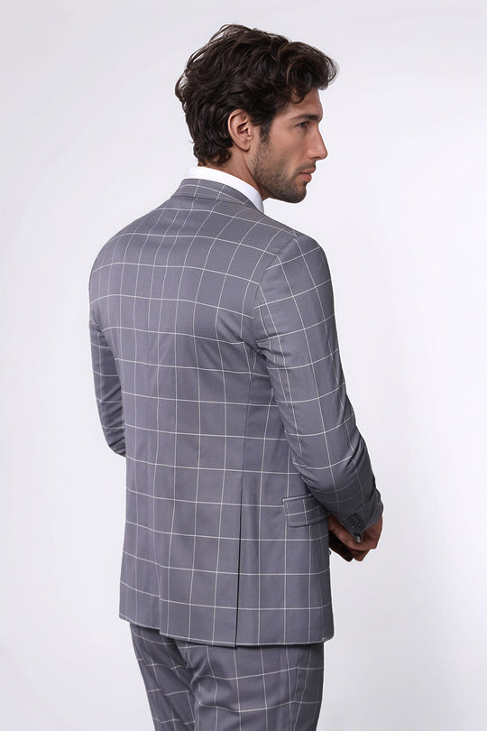 Men's Grey Windowpane Plaid 3-Piece Slim Fit Suit with Tailored Waistcoat