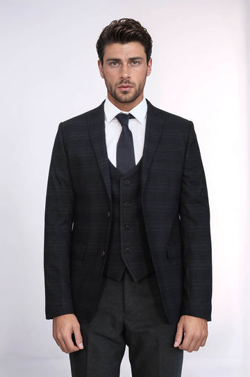 Men's Carbon Black Shadow Check 3-Piece Slim Fit Suit