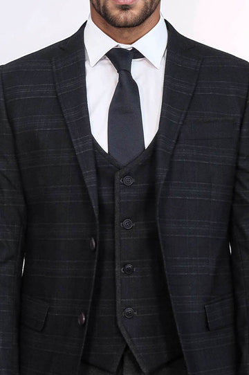 Men's Carbon Black Shadow Check 3-Piece Slim Fit Suit