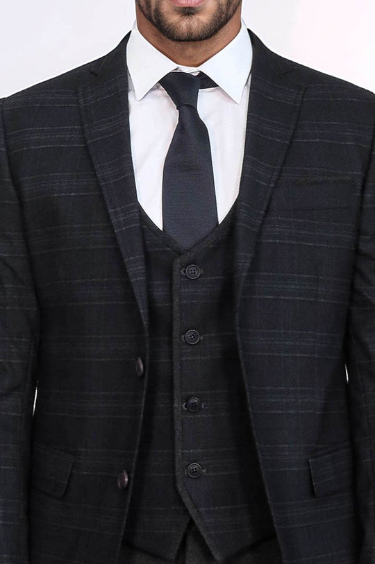 Men's Carbon Black Shadow Check 3-Piece Slim Fit Suit