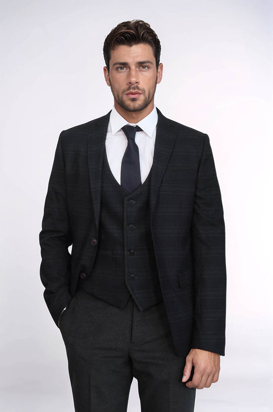Men's Carbon Black Shadow Check 3-Piece Slim Fit Suit