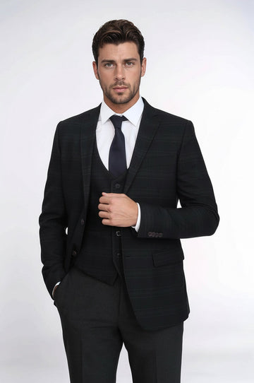 Men's Carbon Black Shadow Check 3-Piece Slim Fit Suit