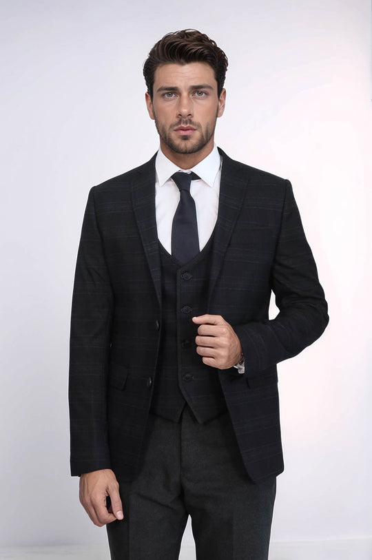 Men's Carbon Black Shadow Check 3-Piece Slim Fit Suit