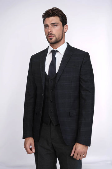 Men's Carbon Black Shadow Check 3-Piece Slim Fit Suit