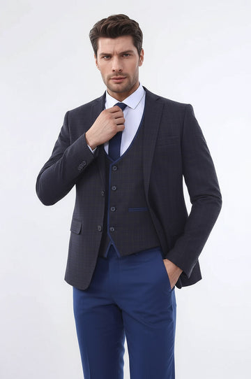 Men's Brown Plaid 3-Piece Slim Fit Winter Suit with Tailored Waistcoat
