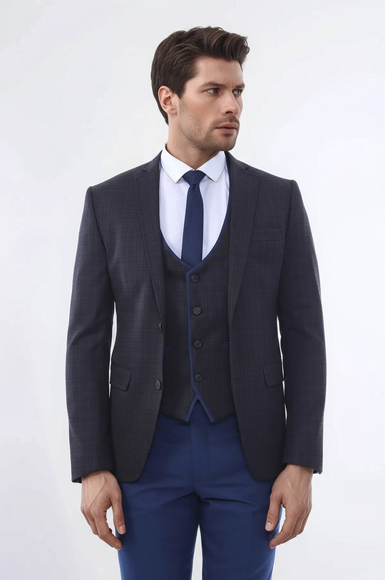Men's Brown Plaid 3-Piece Slim Fit Winter Suit with Tailored Waistcoat
