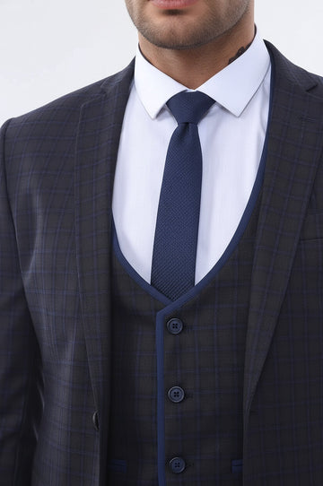 Men's Brown Plaid 3-Piece Slim Fit Winter Suit with Tailored Waistcoat