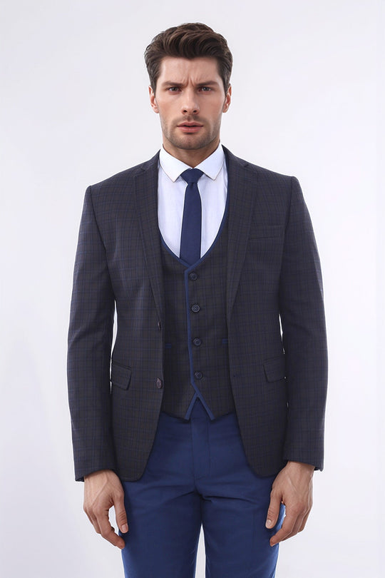 Men's Brown Plaid 3-Piece Slim Fit Winter Suit with Tailored Waistcoat